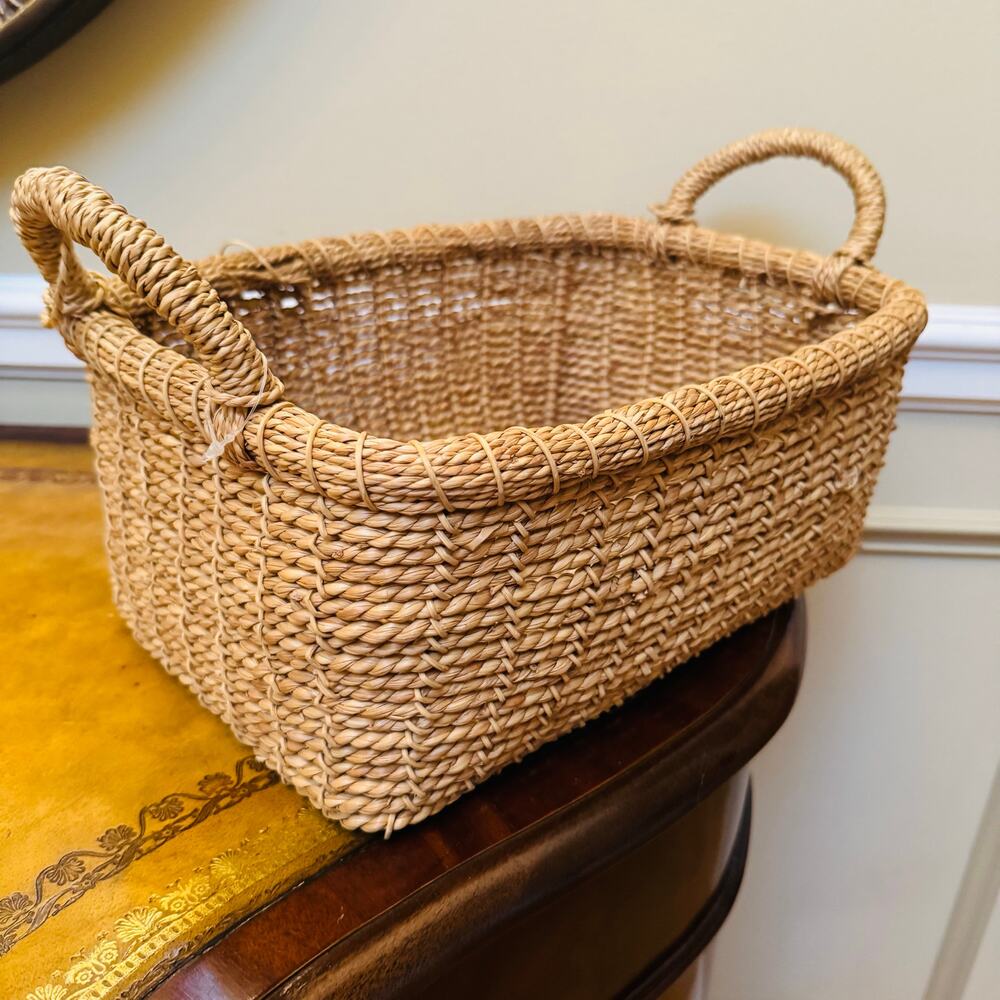 Large Deep Seagrass Rectangular Tan Brown Farmhouse Basket with Handles